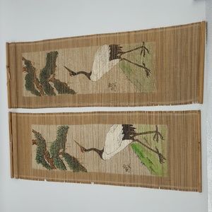 Set of 2 bamboo wall hangers with painted cranes